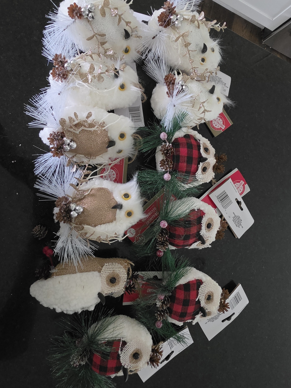 Holiday Decorative Owl Ornaments - White, Gold & Red Plaid -